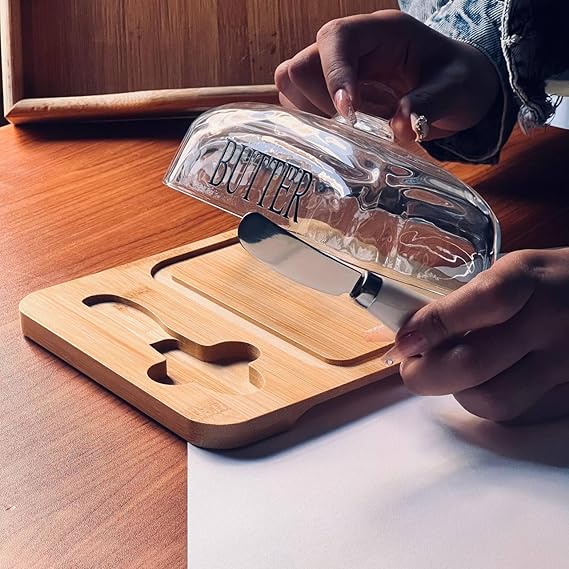 Inttox-🧈 Beurrier Chic – Couvercle en Verre & Plateau en Bambou Naturel 🌿