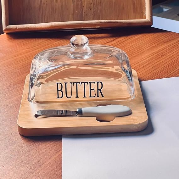 Inttox-🧈 Beurrier Chic – Couvercle en Verre & Plateau en Bambou Naturel 🌿