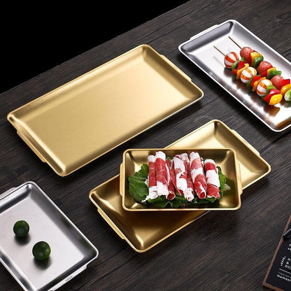 Inttox-🍽️ Assiette Rectangulaire en Acier Inoxydable 304 Dorée – Assiette à Légumes & Sushi de Style Coréen Épaissie ✨