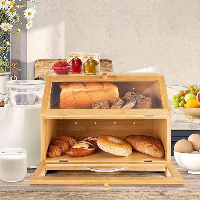 Inttox-🍞🪵 Boîte à Pain en Bambou à Double Couche