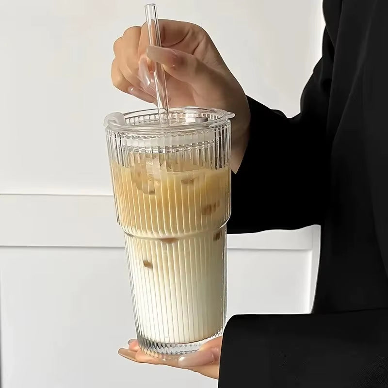 Inttox-☕ Tasse à Café en Verre Rayé avec Couvercle & Paille – 600 ml