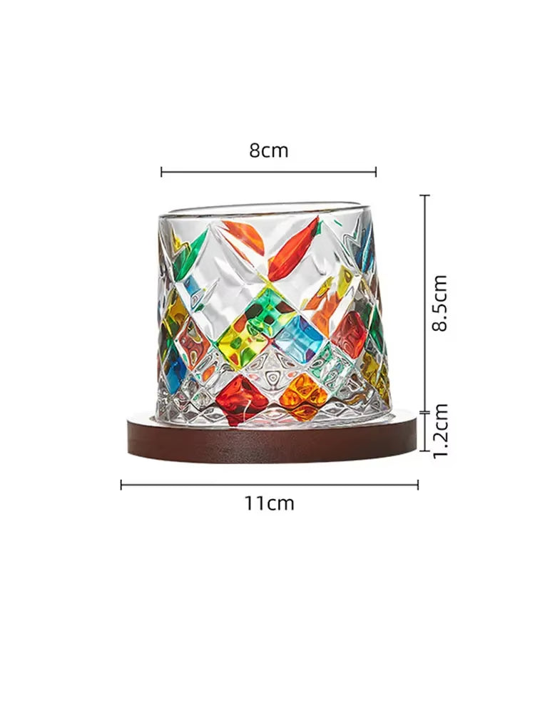 Inttox-Verre à Jus Cristal Rotatif avec Sous-Verre en Bois 🍹🪵 | Tasse Colorée Élégante – Design Unique & Moderne