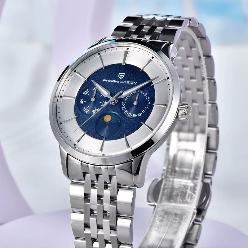⌚ PAGANI DESIGN – Montre Homme 40mm à Quartz Multifonctionnelle 🌕 Mouvement Japonais | Phase de Lune | Verre Saphir 💎 | Étanche 100M – Style Élégant & Moderne