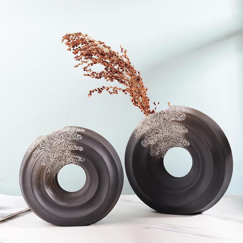 Inttox-Vase en céramique moderne en forme de donut, rond et creux – Noir et blanc mat