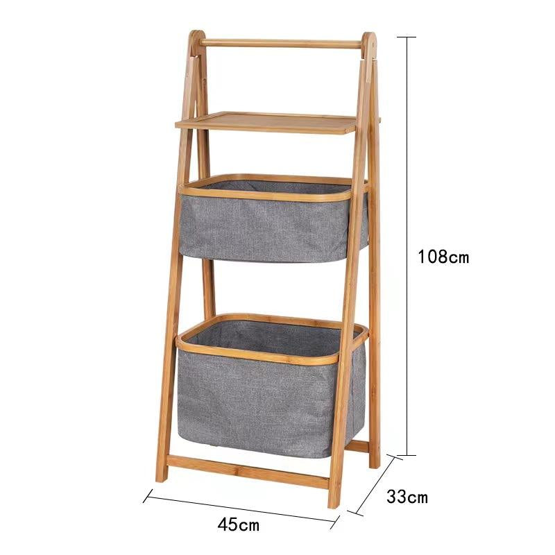 Inttox-Étagère de Rangement Pliable à 3 Niveaux en Bambou avec 2 Paniers en Tissu pour Salle de Bain