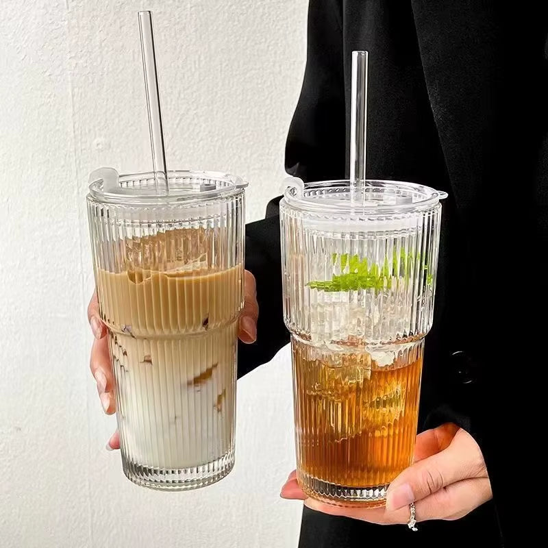 Inttox-☕ Tasse à Café en Verre Rayé avec Couvercle & Paille – 600 ml
