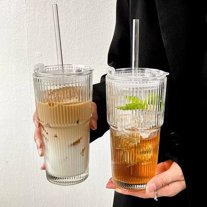 Inttox-☕ Tasse à Café en Verre Rayé avec Couvercle & Paille – 600 ml
