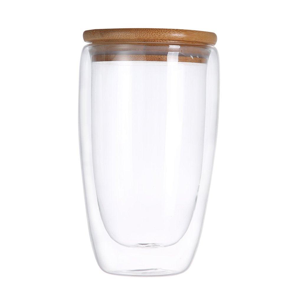 Inttox-Tasse en Verre à Double Paroi Soufflée à la Main sur Mesure avec Couvercle en Bois, 450 ml