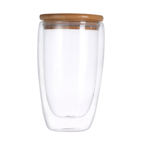 Inttox-Tasse en Verre à Double Paroi Soufflée à la Main sur Mesure avec Couvercle en Bois, 450 ml