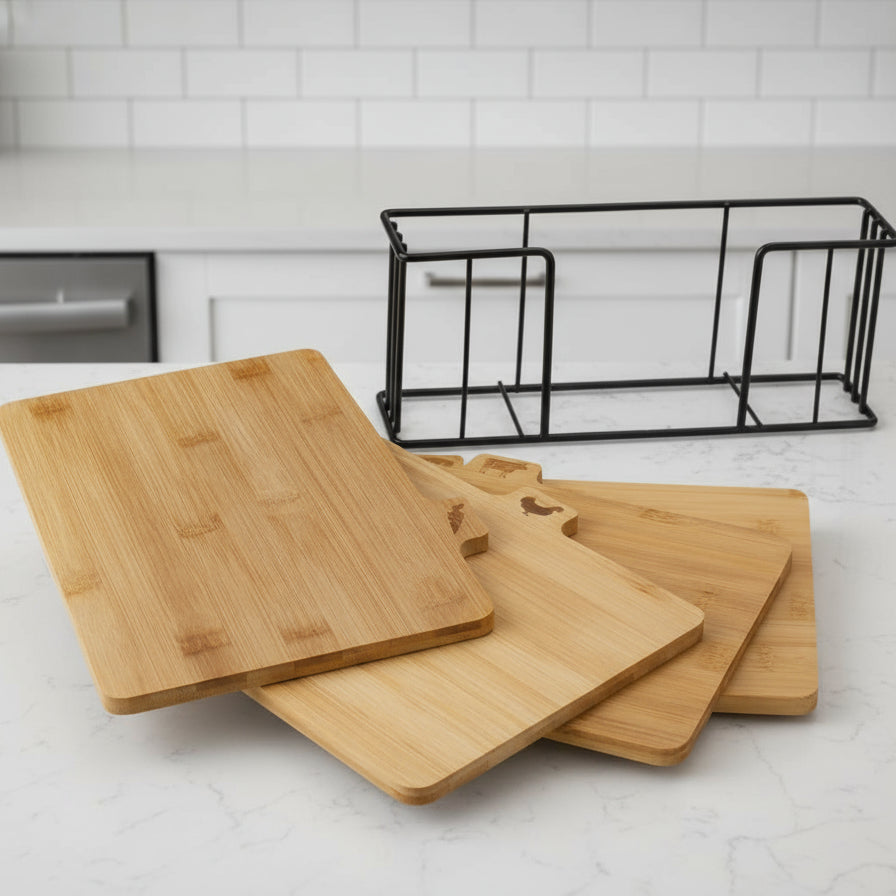 Inttox-4 Planches à découper en métal noir et bambou avec support