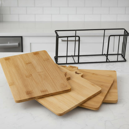 Inttox-4 Planches à découper en métal noir et bambou avec support