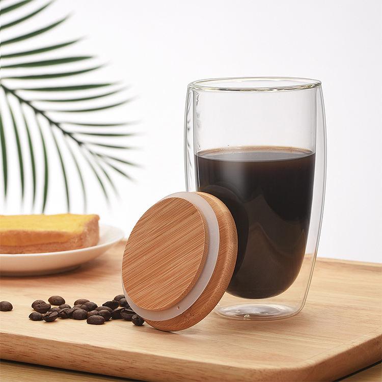 Inttox-Tasse en Verre à Double Paroi Soufflée à la Main sur Mesure avec Couvercle en Bois, 450 ml