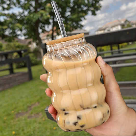 Inttox-☕ Tasse à Café  Verre Borosilicate Rayé avec Couvercle Bambou & Paille (Lot de 6)