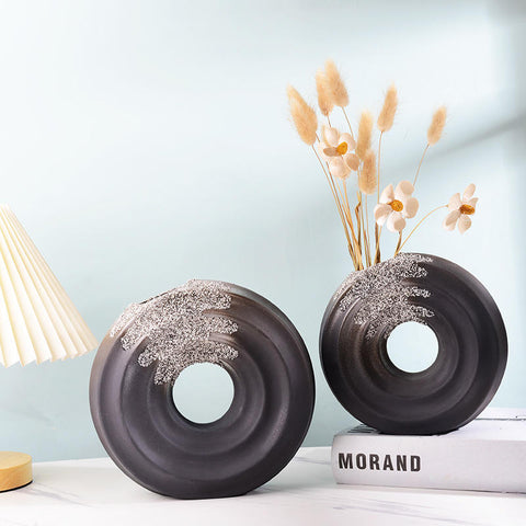 Inttox-Vase en céramique moderne en forme de donut, rond et creux – Noir et blanc mat