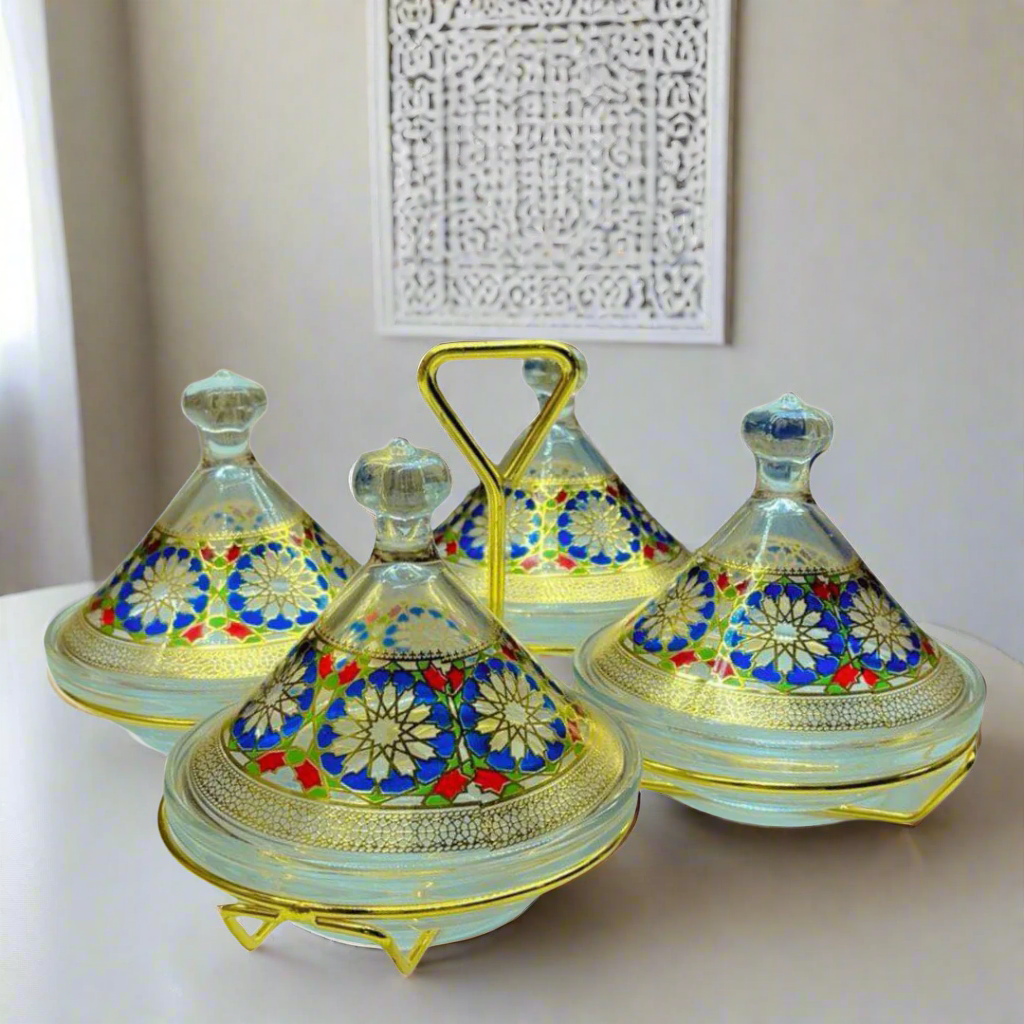 Inttox – 🏺 Set de Pots en Verre Orientaux avec Support Doré  ✨