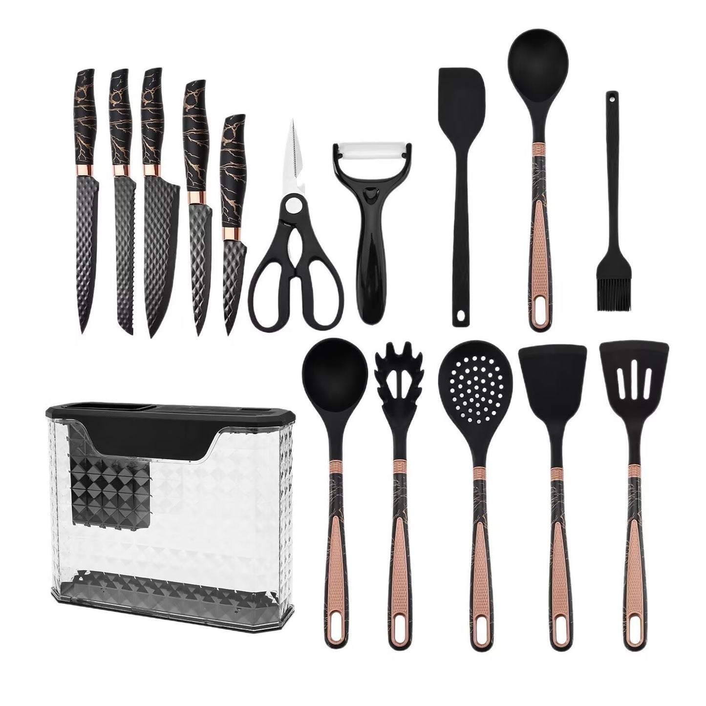 Inttox-Ensemble d’Ustensiles de Cuisine Inttox – 16 Pièces Marbre & Or