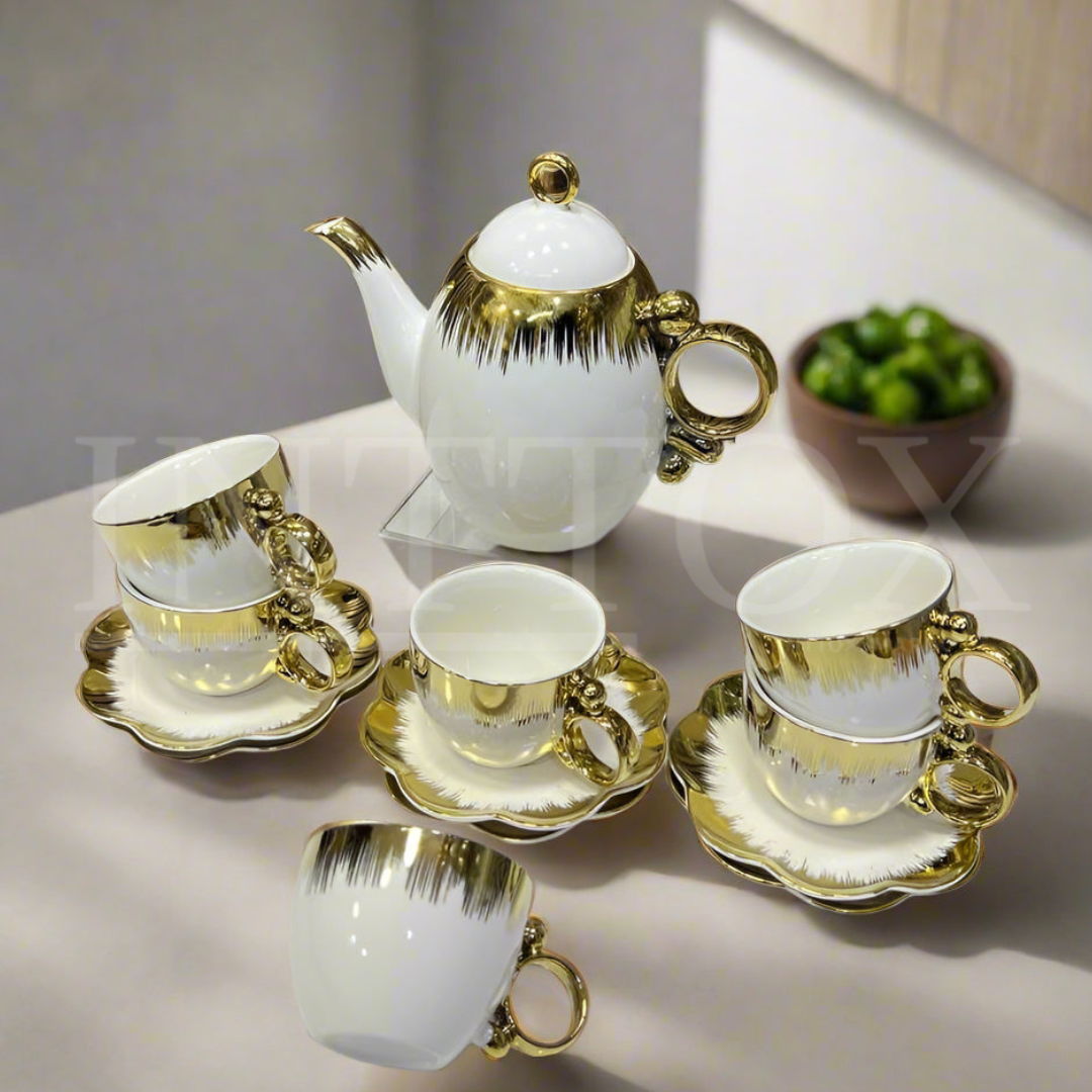 Inttox-☕✨ Service à Thé en Porcelaine de Luxe - Ensemble 6 Pièces avec Détails Dorés