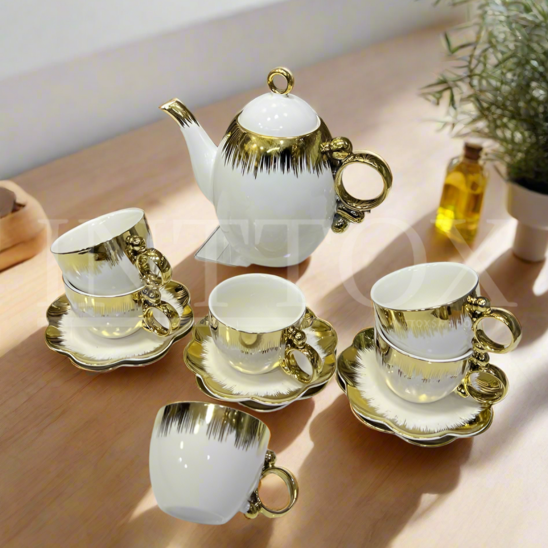 Inttox-☕✨ Service à Thé en Porcelaine de Luxe - Ensemble 6 Pièces avec Détails Dorés