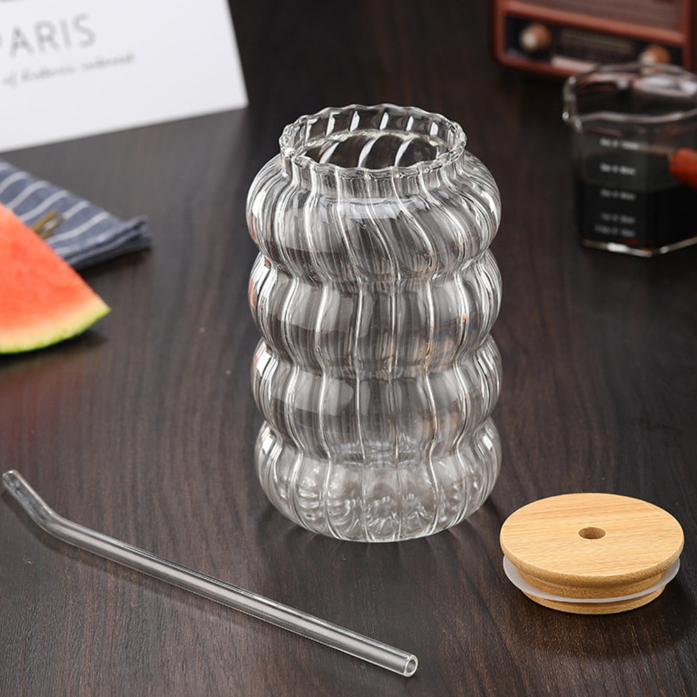 Inttox-☕ Tasse à Café  Verre Borosilicate Rayé avec Couvercle Bambou & Paille (Lot de 6)