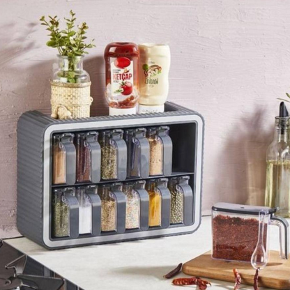 Inttox-Pots à Épices Auto-Adhésifs avec Cuillères et Légumes, avec Support, Blanc, Lot de 12
