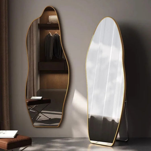 Inttox-🪞💃 Miroir Sur Pied Fille 👗 | Design Ondulé à Cadre Or en PVC ✨