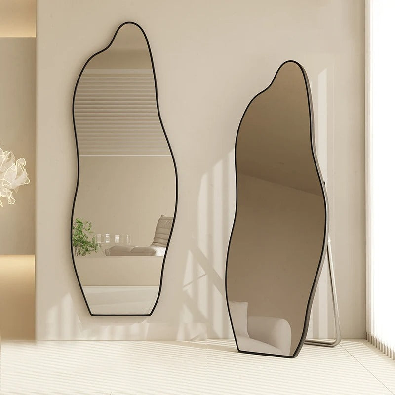 Inttox-🪞💃 Miroir Sur Pied Fille 👗 | Design Ondulé à Cadre Or en PVC ✨