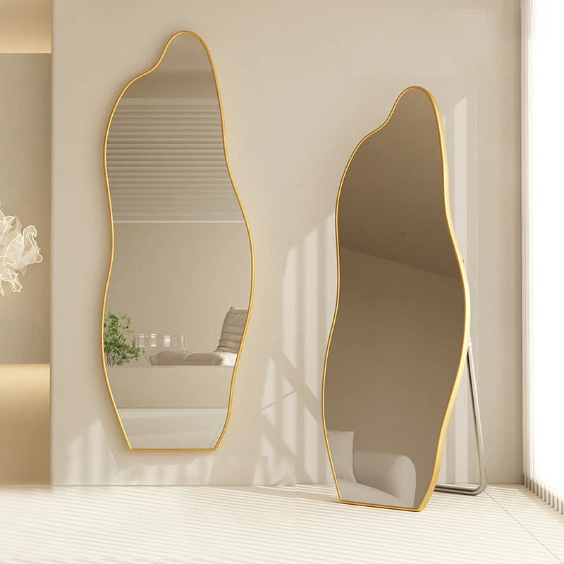 Inttox-🪞💃 Miroir Sur Pied Fille 👗 | Design Ondulé à Cadre Or en PVC ✨