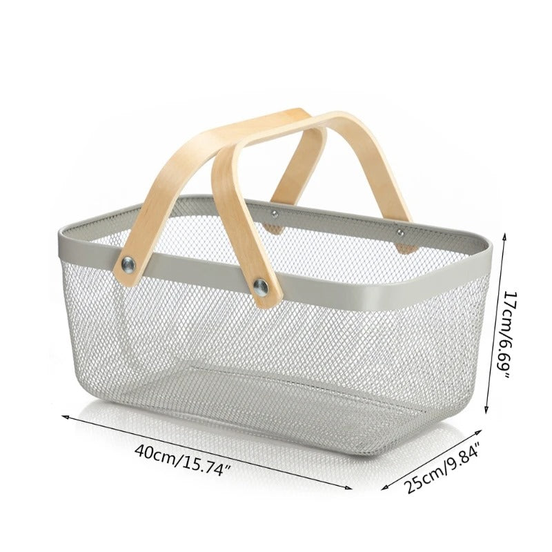 Inttox-🧺✨ Panier de Pique-Nique en Maille Métallique avec Poignée en Bois 🍎🥖
