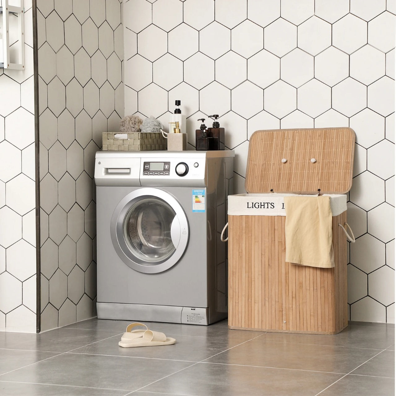 Inttox-🧺 Panier à Linge Pliable 🚿 | 2 Compartiments | Organisation Pratique pour Salle de Bain
