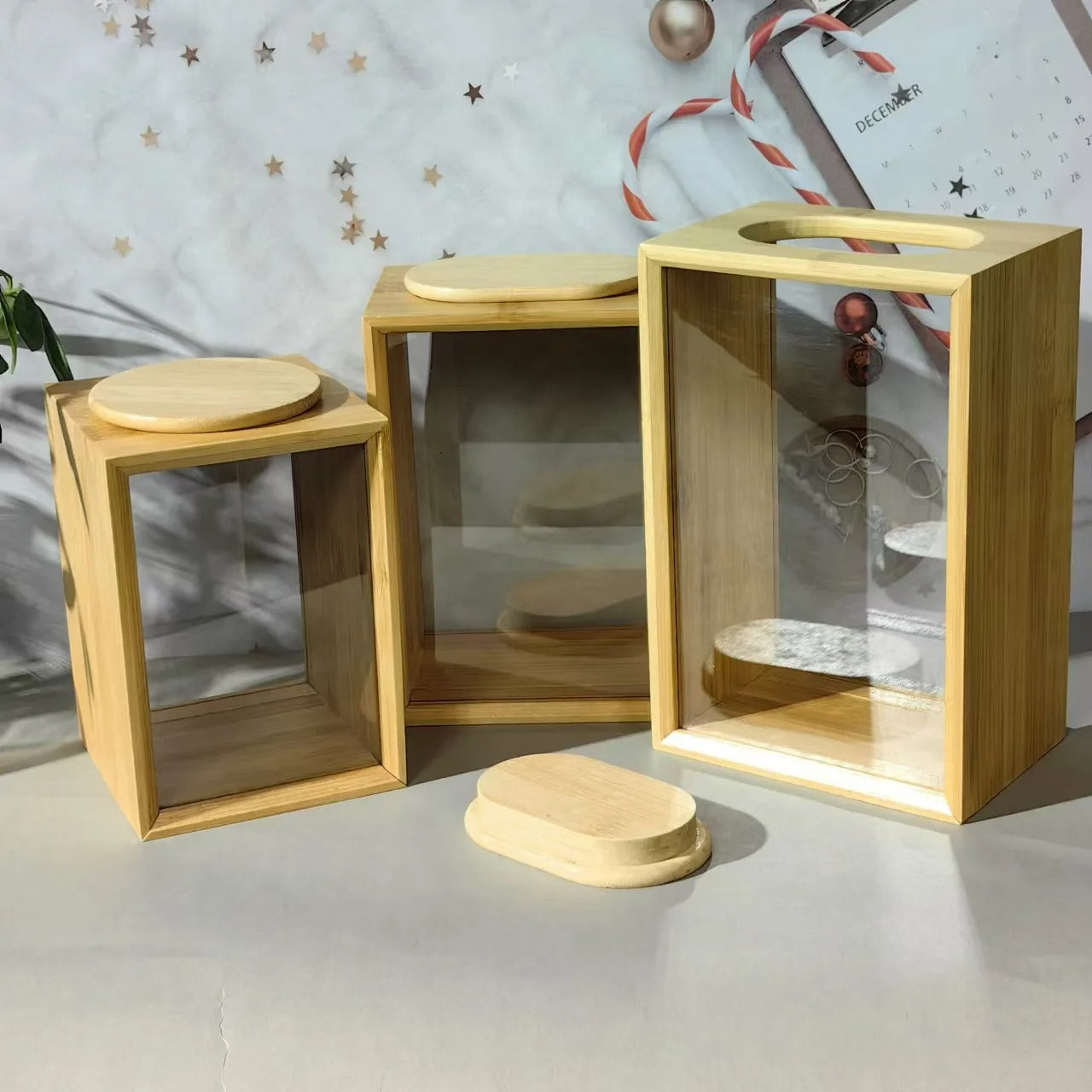 Inttox-🪵✨ Pot de Stockage en Bambou avec Couvercle Transparent