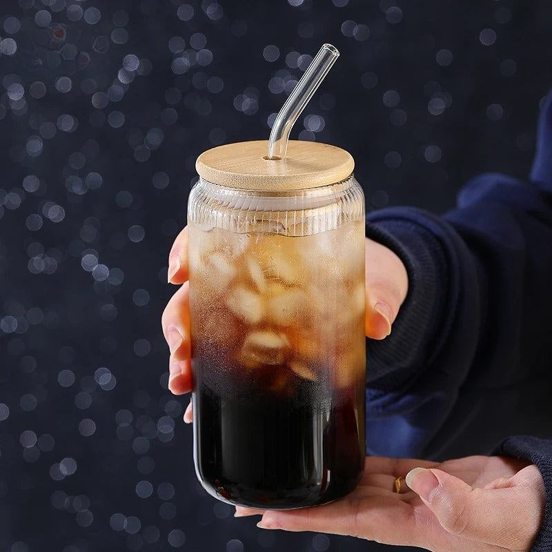 Inttox-🥤 Tasses en Verre de Haute Qualité avec Couvercle en Bambou 🌿 6 piece