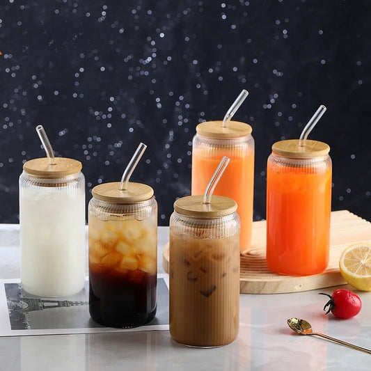 Inttox-🥤 Tasses en Verre de Haute Qualité avec Couvercle en Bambou 🌿 6 piece