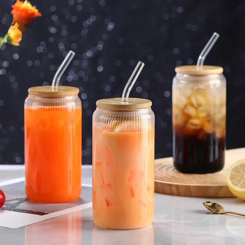Inttox-🥤 Tasses en Verre de Haute Qualité avec Couvercle en Bambou 🌿 6 piece