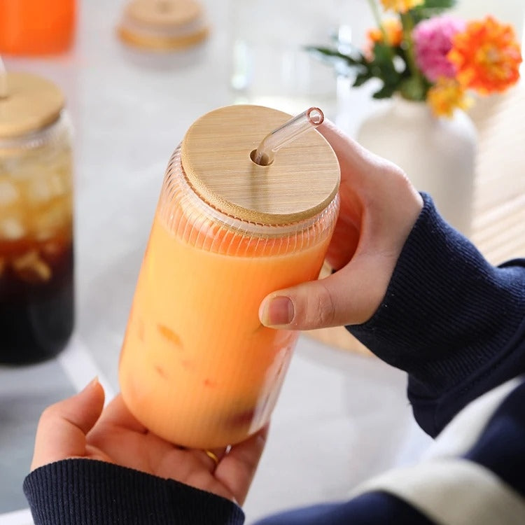 Inttox-🥤 Tasses en Verre de Haute Qualité avec Couvercle en Bambou 🌿 6 piece