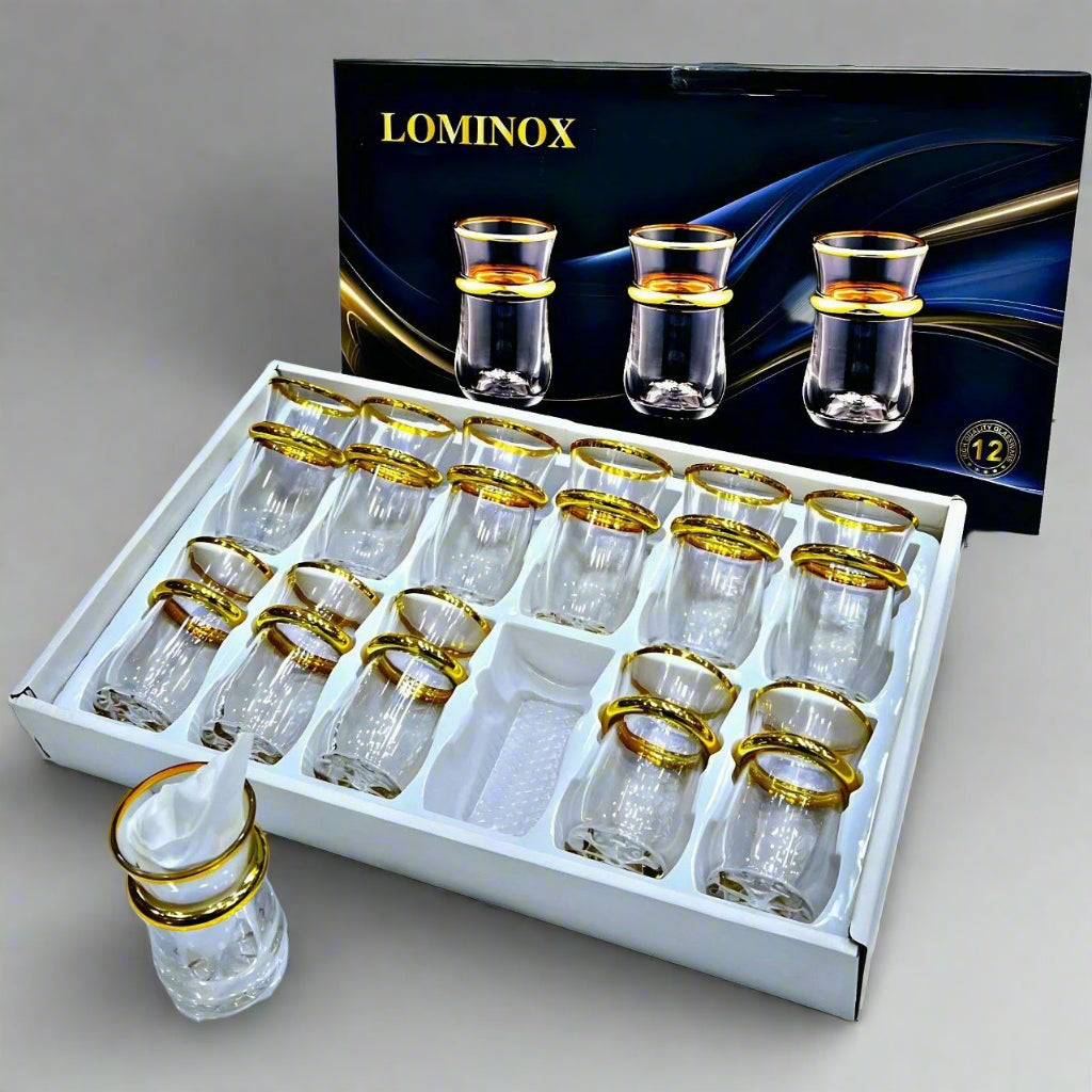 Inttox-🏺 Set de 12 Verres à Thé en Verre avec Bordures Dorées 🌟