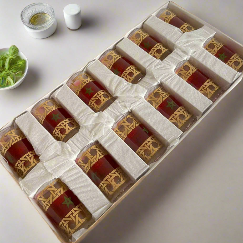 Inttox-Coffret de 12 Verres à Thé Marocains – Édition Drapeau du Maroc 🇲🇦✨