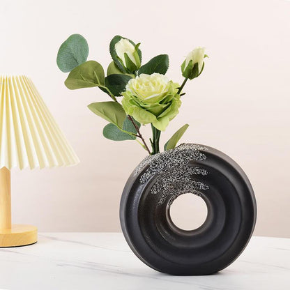 Inttox-Vase en céramique moderne en forme de donut, rond et creux – Noir et blanc mat