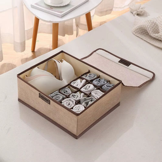 Inttox-🧦 Organisateur de Sous-vêtements 3-en-1 Pliable en Lin 🗂️🧺