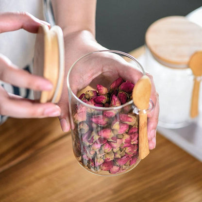 Inttox-Boîte de Rangement en Verre Transparent avec Cuillère en Bois - Inttox