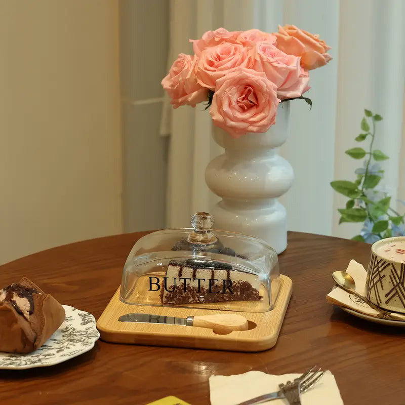 Inttox-🧈 Beurrier Chic – Couvercle en Verre & Plateau en Bambou Naturel 🌿