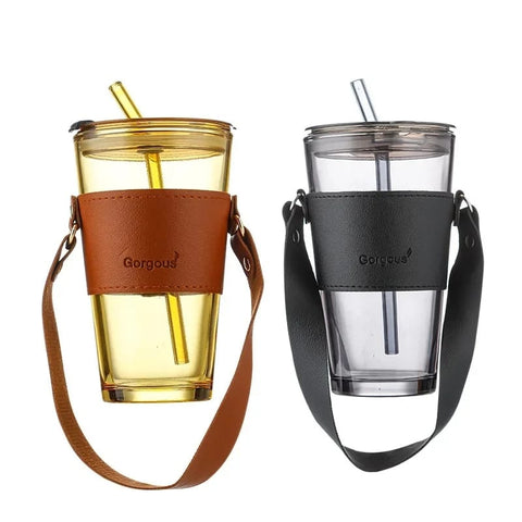 Inttox- Tasse en Verre Portable de 450ml avec Couvercle et Paille - Inttox