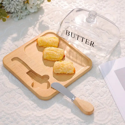 Inttox-🧈 Beurrier Chic – Couvercle en Verre & Plateau en Bambou Naturel 🌿