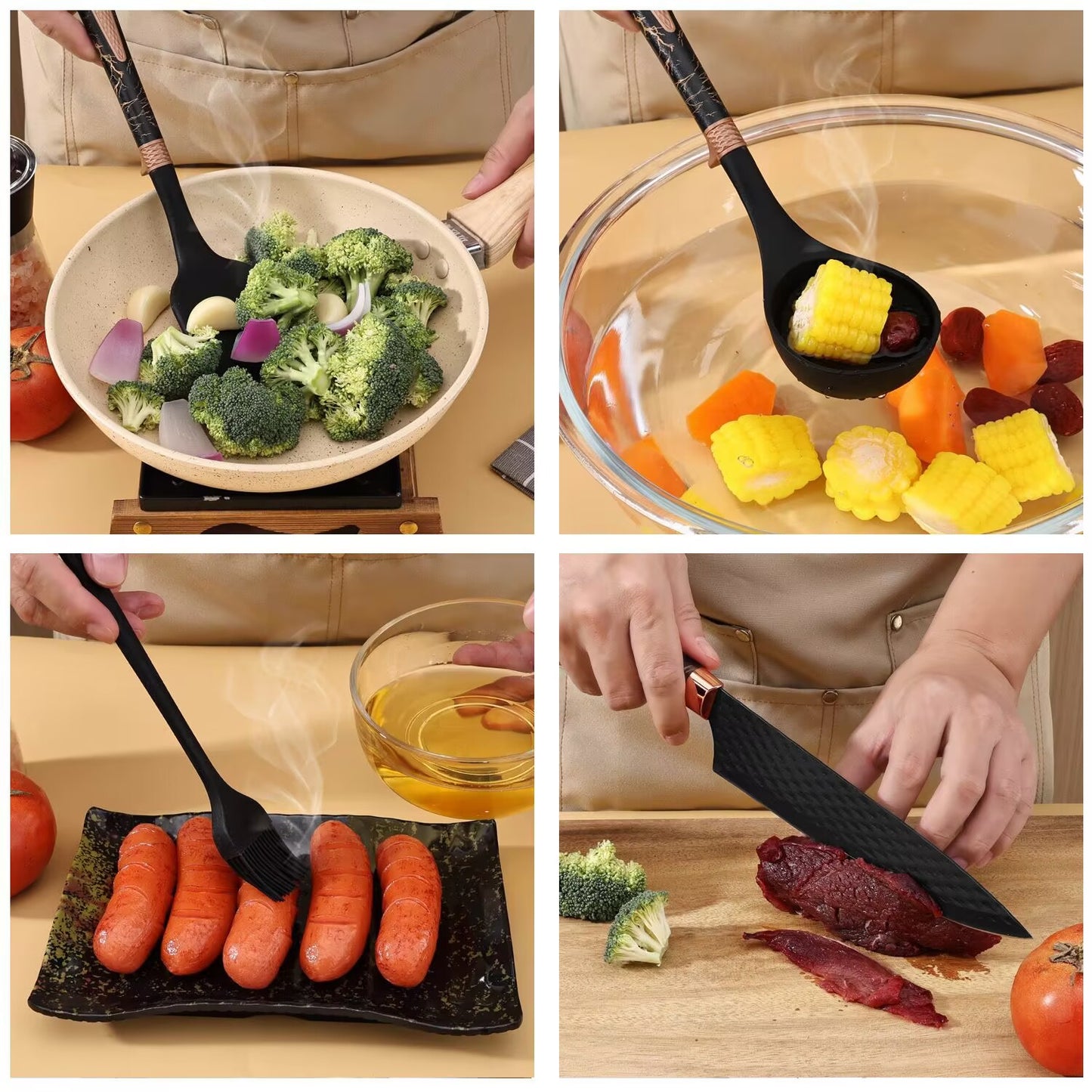 Inttox-Ensemble d’Ustensiles de Cuisine Inttox – 16 Pièces Marbre & Or