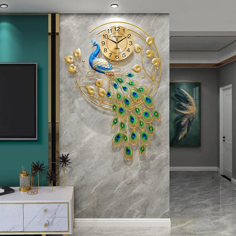 Inttox-Grande horloge murale numérique paon, design moderne et luxueux  Mécanisme silencieux, horloge paon dorée pour salon et salle à manger (93x65 cm)