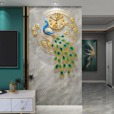 Inttox-Grande horloge murale numérique paon, design moderne et luxueux  Mécanisme silencieux, horloge paon dorée pour salon et salle à manger (93x65 cm)