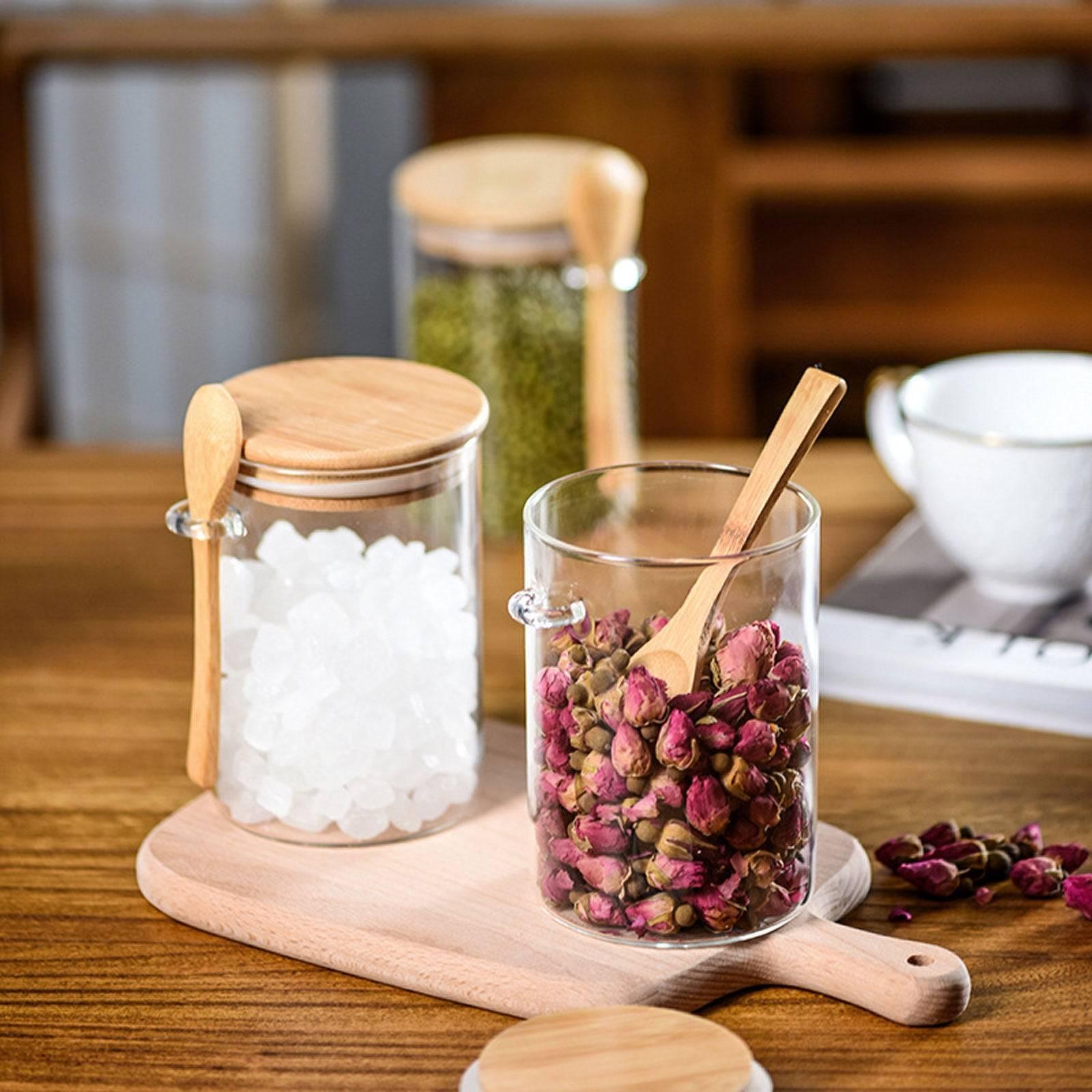 Inttox-Boîte de Rangement en Verre Transparent avec Cuillère en Bois - Inttox