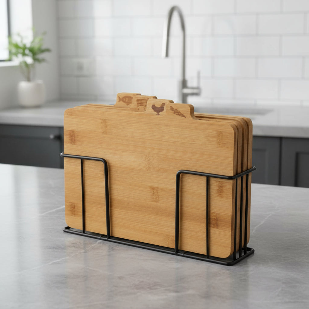 Inttox-4 Planches à découper en métal noir et bambou avec support