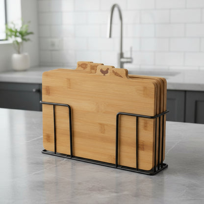 Inttox-4 Planches à découper en métal noir et bambou avec support