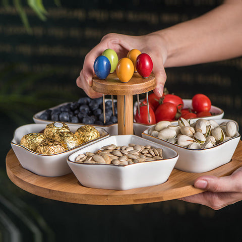 Inttox-Assiette à Fruits Créative en Céramique Motif Marbre avec Base en Bambou - Inttox