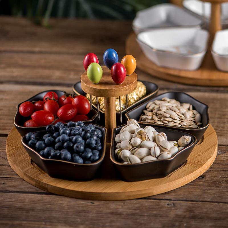 Inttox-Assiette à Fruits Créative en Céramique Motif Marbre avec Base en Bambou - Inttox